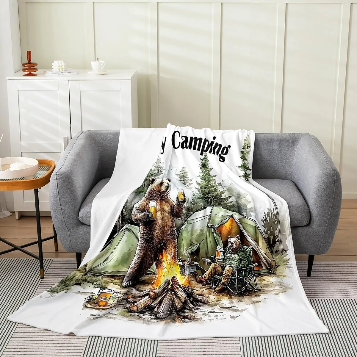 Erosebridal Bear Flannel Blanket 40x50,Happy Camping Fleece Blanket for Kids Boys Girls,Woodland Campsite Camper Accessories Fuzzy Plush Throw,Funny Wild Animals Drink Beer Pattern,Brown Green