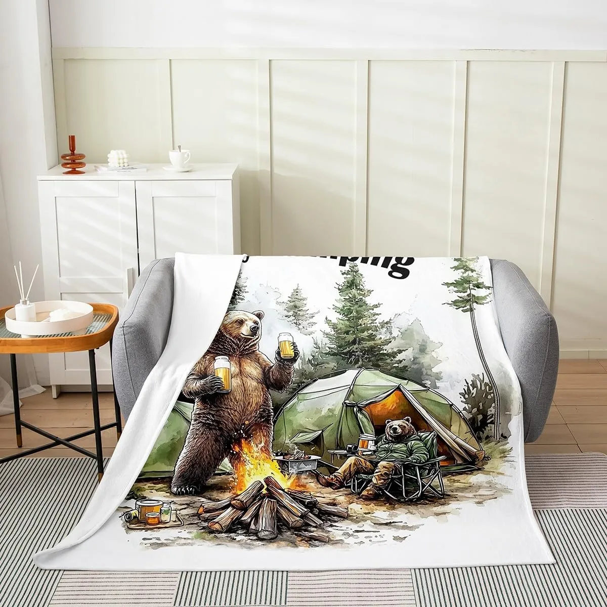 Erosebridal Bear Flannel Blanket 40x50,Happy Camping Fleece Blanket for Kids Boys Girls,Woodland Campsite Camper Accessories Fuzzy Plush Throw,Funny Wild Animals Drink Beer Pattern,Brown Green