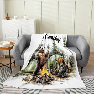 Erosebridal Bear Flannel Blanket 40x50,Happy Camping Fleece Blanket for Kids Boys Girls,Woodland Campsite Camper Accessories Fuzzy Plush Throw,Funny Wild Animals Drink Beer Pattern,Brown Green