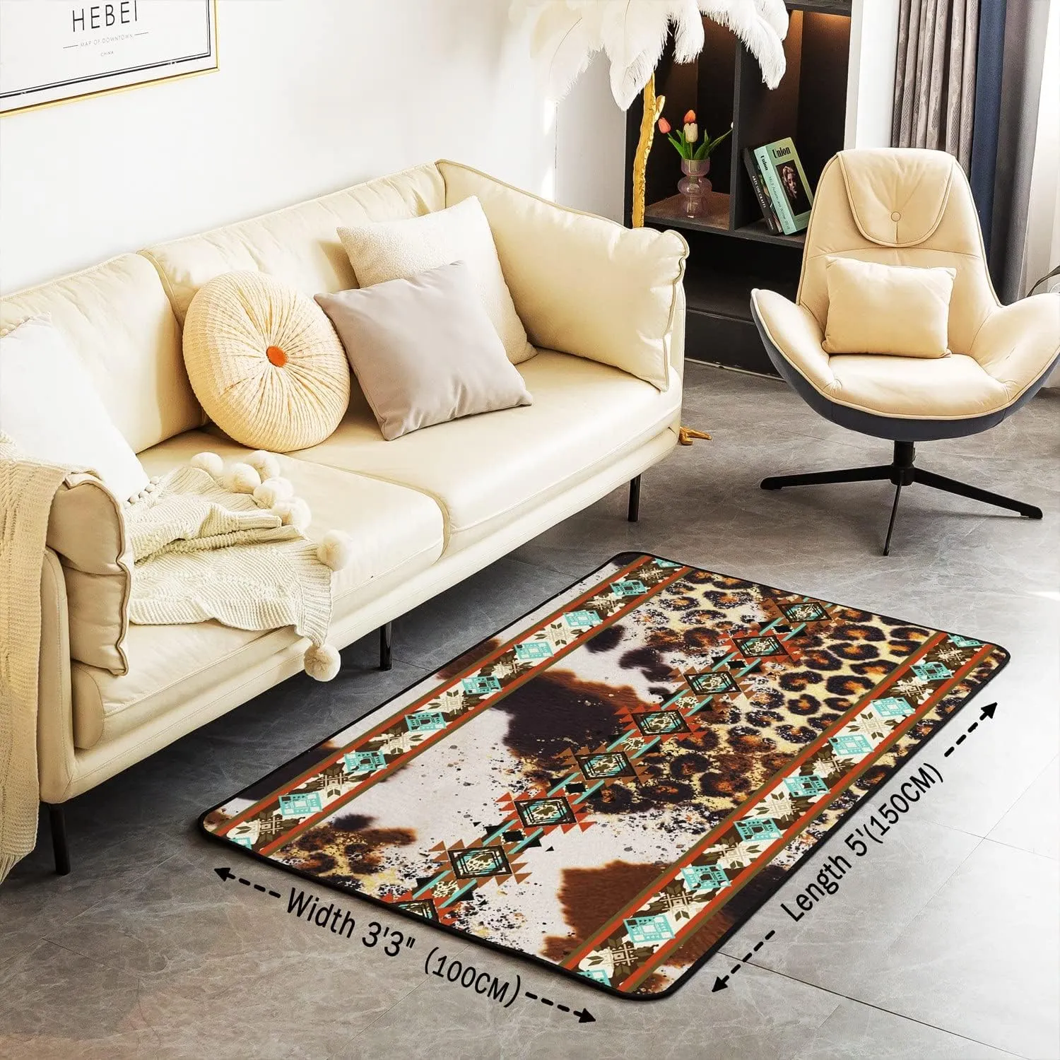 Erosebridal Cowhide Area Rug 3x5, Brown Leopard Print Rug, Western Rugs Exotic Aztec Cow Print Carpet for Bedside, Farmhouse Wild Animal Skin Cowboys Living Room Rugs for Men