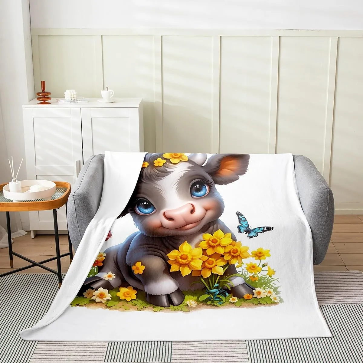Erosebridal Dairy Cow Fleece Throw Blanket Queen Inch Wild Life Flannel Blanket for Kids Children Floral Kawaiin Butterfly Cartoon Orange Botanical Microfiber Lightweight Room Decor