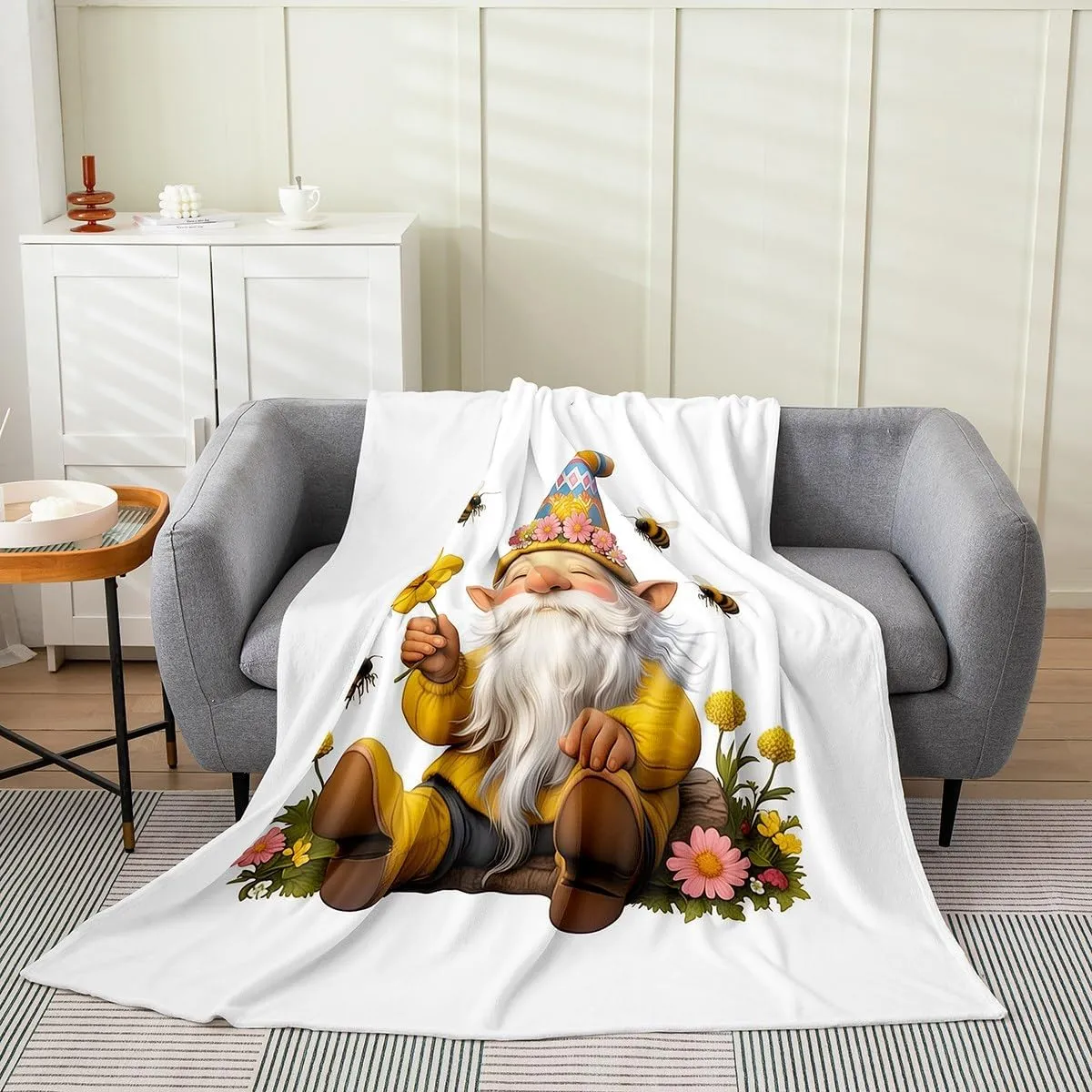 Erosebridal Gnome Fleece Throw Blanket Queen Inch Floral Dwarf Flannel Blanket for Boys Girls Cute Bees Dairy Botanical Yellow White Lightweight Microfiber Room Decor