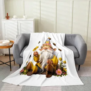 Erosebridal Gnome Fleece Throw Blanket Queen Inch Floral Dwarf Flannel Blanket for Boys Girls Cute Bees Dairy Botanical Yellow White Lightweight Microfiber Room Decor