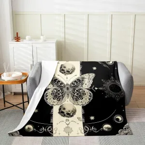 Erosebridal Gothic Sugar Skull Throw Blanket,Hippie Butterfly Fleece Blanket,Trippy Moon Floral Blanket for Teens Adult,Exotic Boho Fuzzy Blanket Abstract Aesthetics Decor Throw 50X60