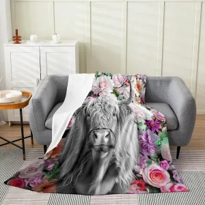 Erosebridal Highland Cow Blanket Throw 50x60 Inch Rose Flower Throw Blanket for Kids Girls Boys Teens Adult Western Wild Animal Bull Cattle Fleece Blanket Funny Farmhouse Sherpa Blanket Pink Grey