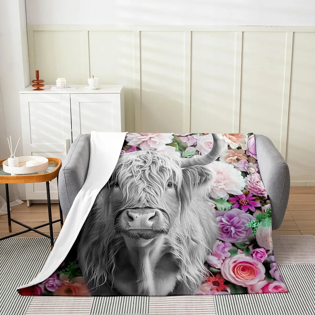 Erosebridal Highland Cow Blanket Throw 50x60 Inch Rose Flower Throw Blanket for Kids Girls Boys Teens Adult Western Wild Animal Bull Cattle Fleece Blanket Funny Farmhouse Sherpa Blanket Pink Grey