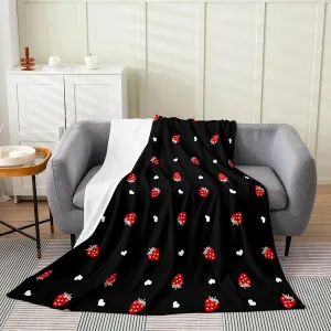 Erosebridal Kawaii Strawberry Throw Blanket, 50x60 Fleece, Cute Fruits Theme, Bedroom Decor, Red & Black