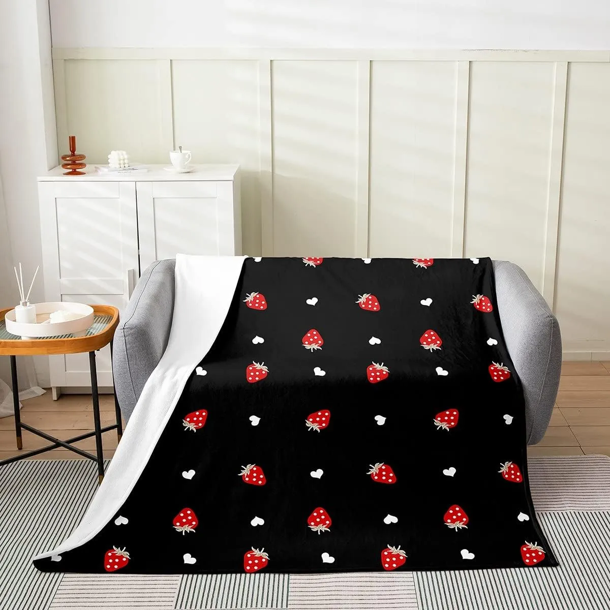 Erosebridal Kawaii Strawberry Throw Blanket, 50x60 Fleece, Cute Fruits Theme, Bedroom Decor, Red & Black