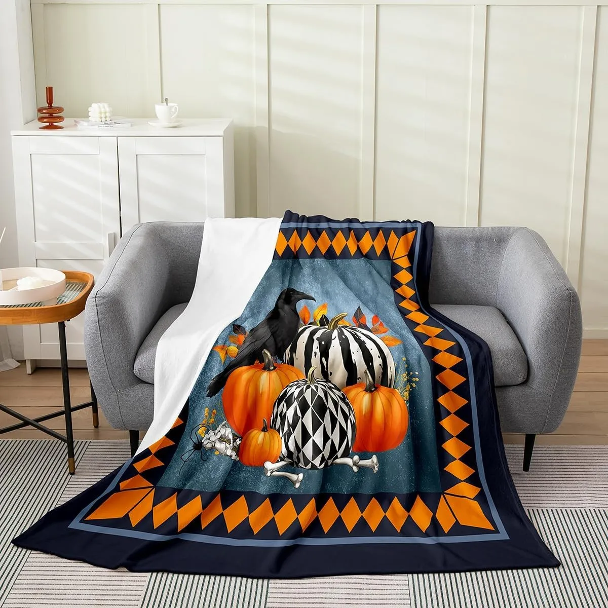 Erosebridal Pumpkin Blanket 40x50,Halloween Striped Geometric Pumpkins Throw Blanket,Golden Fall Autumn Harvest Fleece Blanket,Crow Black Bird Safari Animals Fuzzy Blanket,Black Blue Golden