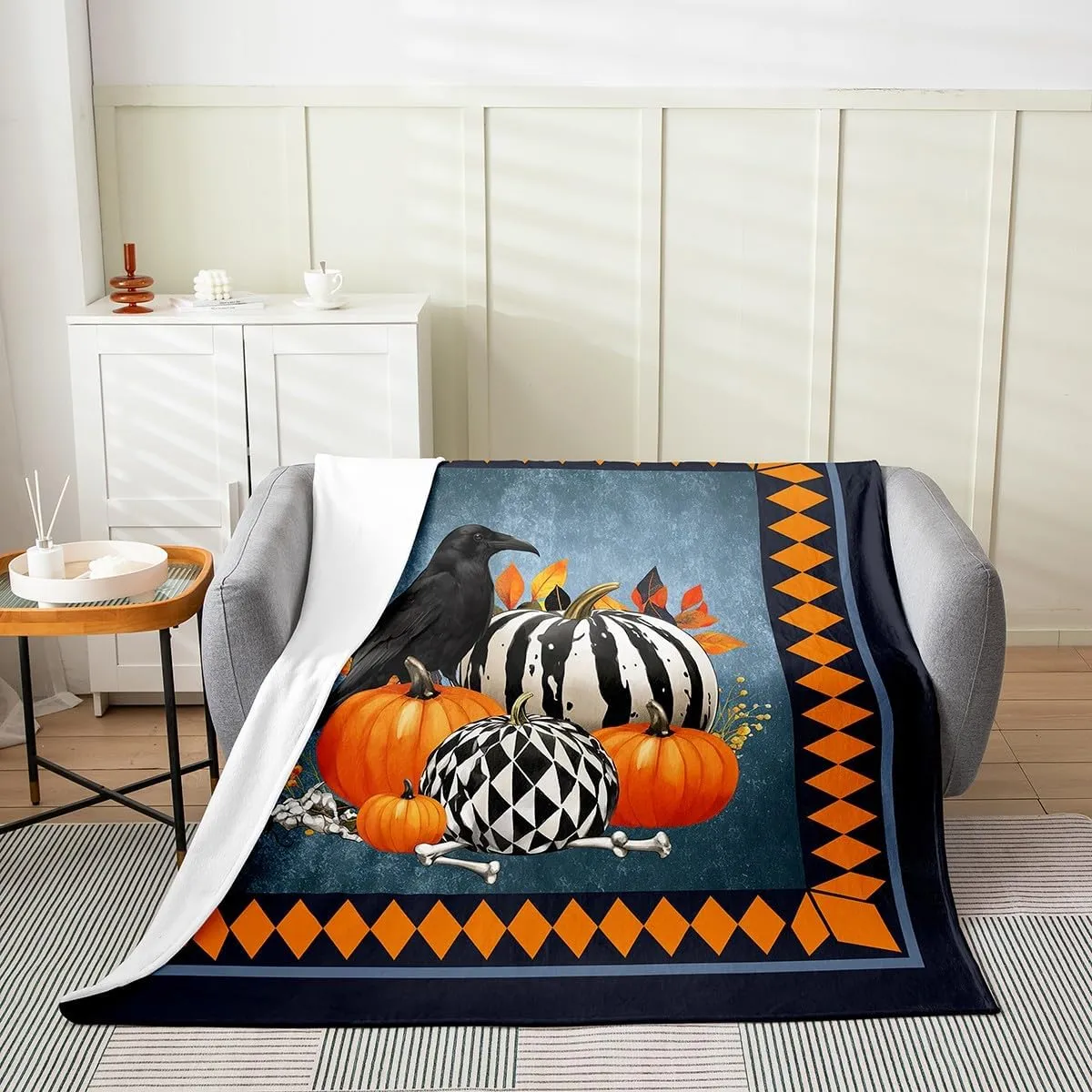 Erosebridal Pumpkin Blanket 40x50,Halloween Striped Geometric Pumpkins Throw Blanket,Golden Fall Autumn Harvest Fleece Blanket,Crow Black Bird Safari Animals Fuzzy Blanket,Black Blue Golden