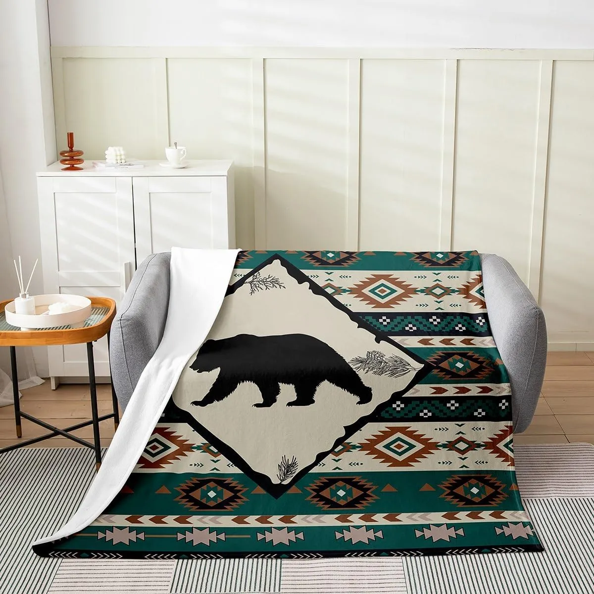 Erosebridal Rustic Bear Flannel Blanket for Cabin Lodge Southwest Throw Blanket Twin 60x80,Aztec Geometric Tribal Fleece Blanket Farmhouse Hunting Animal Bed Blanket Lightweight