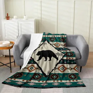 Erosebridal Rustic Bear Flannel Blanket for Cabin Lodge Southwest Throw Blanket Twin 60x80,Aztec Geometric Tribal Fleece Blanket Farmhouse Hunting Animal Bed Blanket Lightweight