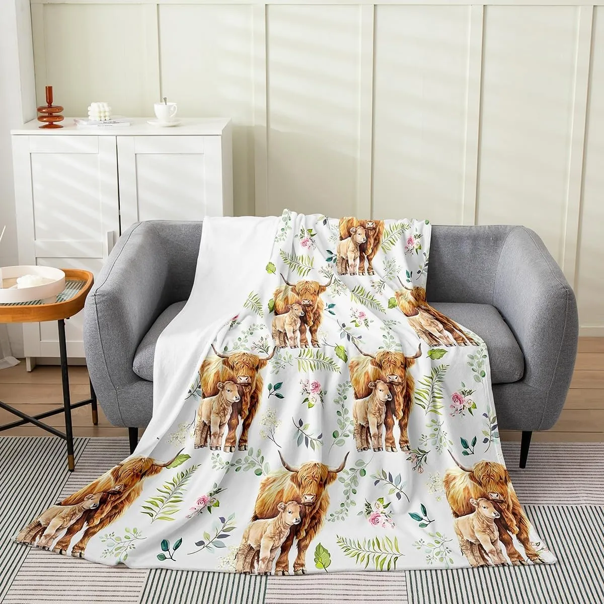 Erosebridal Rustic Cow Bed Blanket Twin 60x80,Retro Cowhide Blanket for Kids Boys Girls,Highland Cow Mother Kid Flannel Blanket,Farmhouse Rose Flower Leaf Fuzzy Blanket Sofa Bed Couch Decor