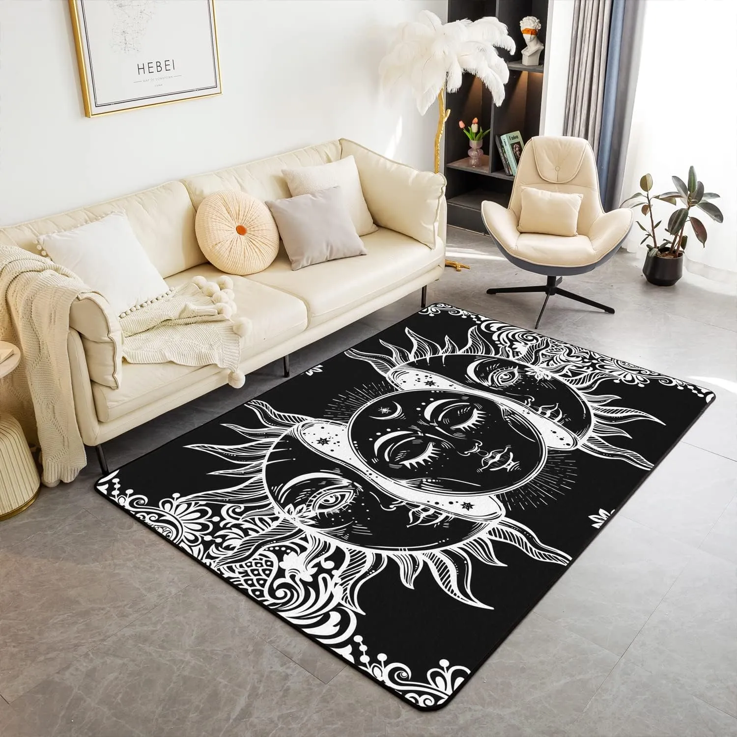 Erosebridal Sun and Moon Area Rug 3x5 Boho Exotic Style Rugs for Adult Women Teens Black White Bohemian Mandala Decor Down, Bohemian Botanical Floral Non Slip Decorative Rug