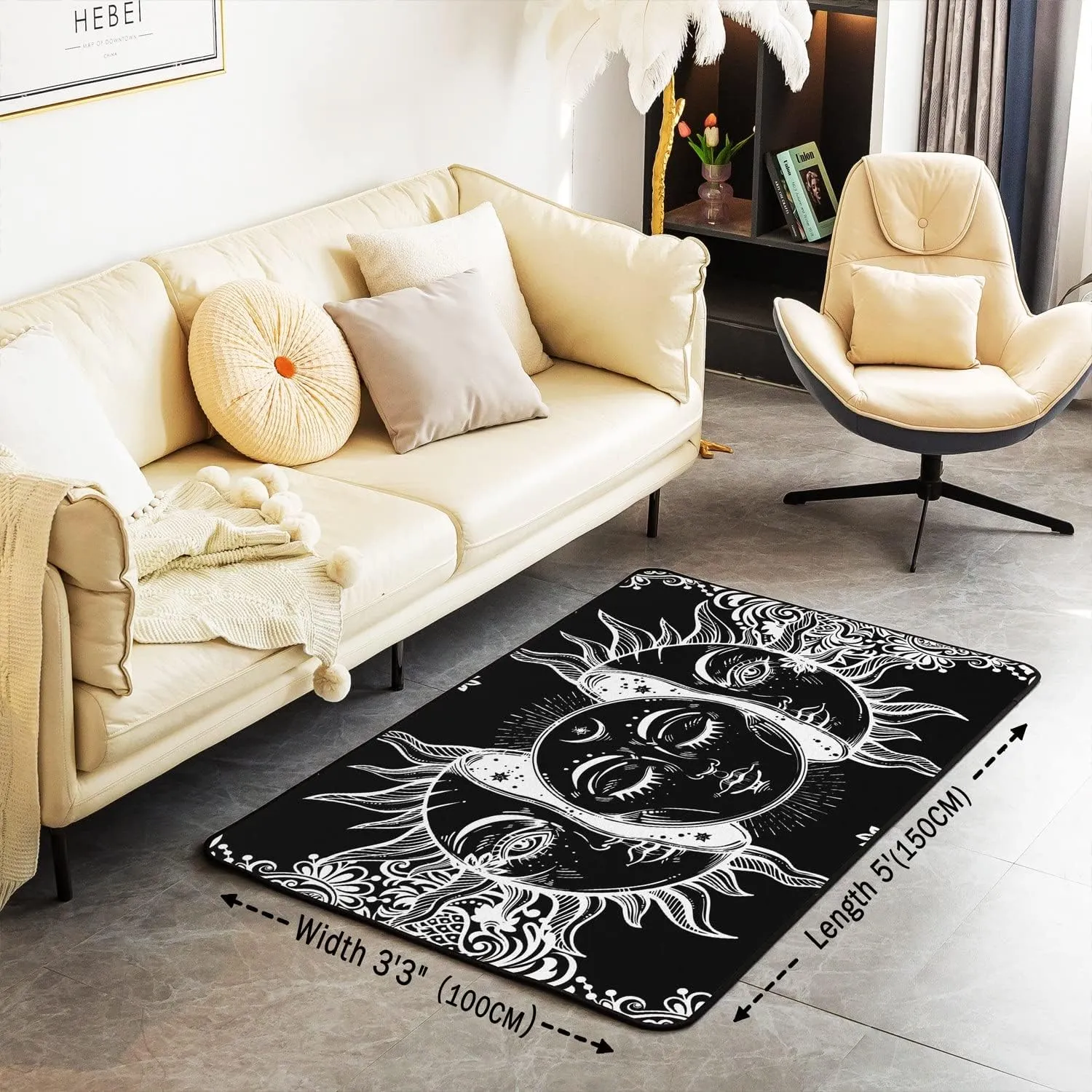 Erosebridal Sun and Moon Area Rug 3x5 Boho Exotic Style Rugs for Adult Women Teens Black White Bohemian Mandala Decor Down, Bohemian Botanical Floral Non Slip Decorative Rug