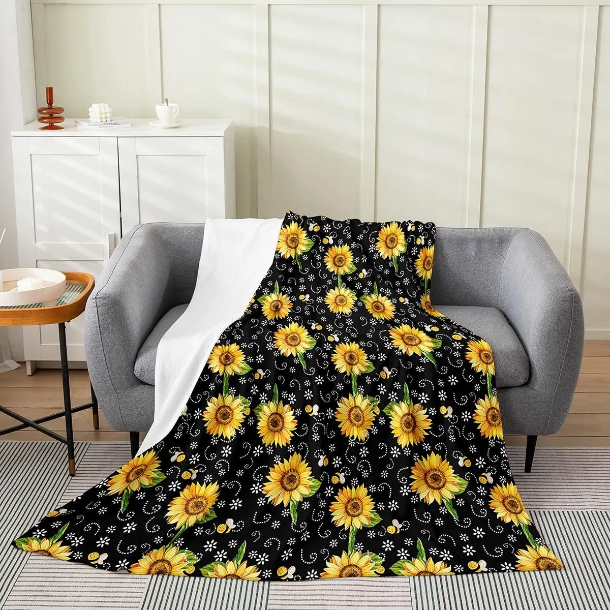 Erosebridal Sunflower Bee Throw Blanket, 5x6 Inch, Kids & Adults, Yellow Floral Romantic Rustic Farmhouse Fleece, Warm & Soft, Cute Wild Animal Room Decor