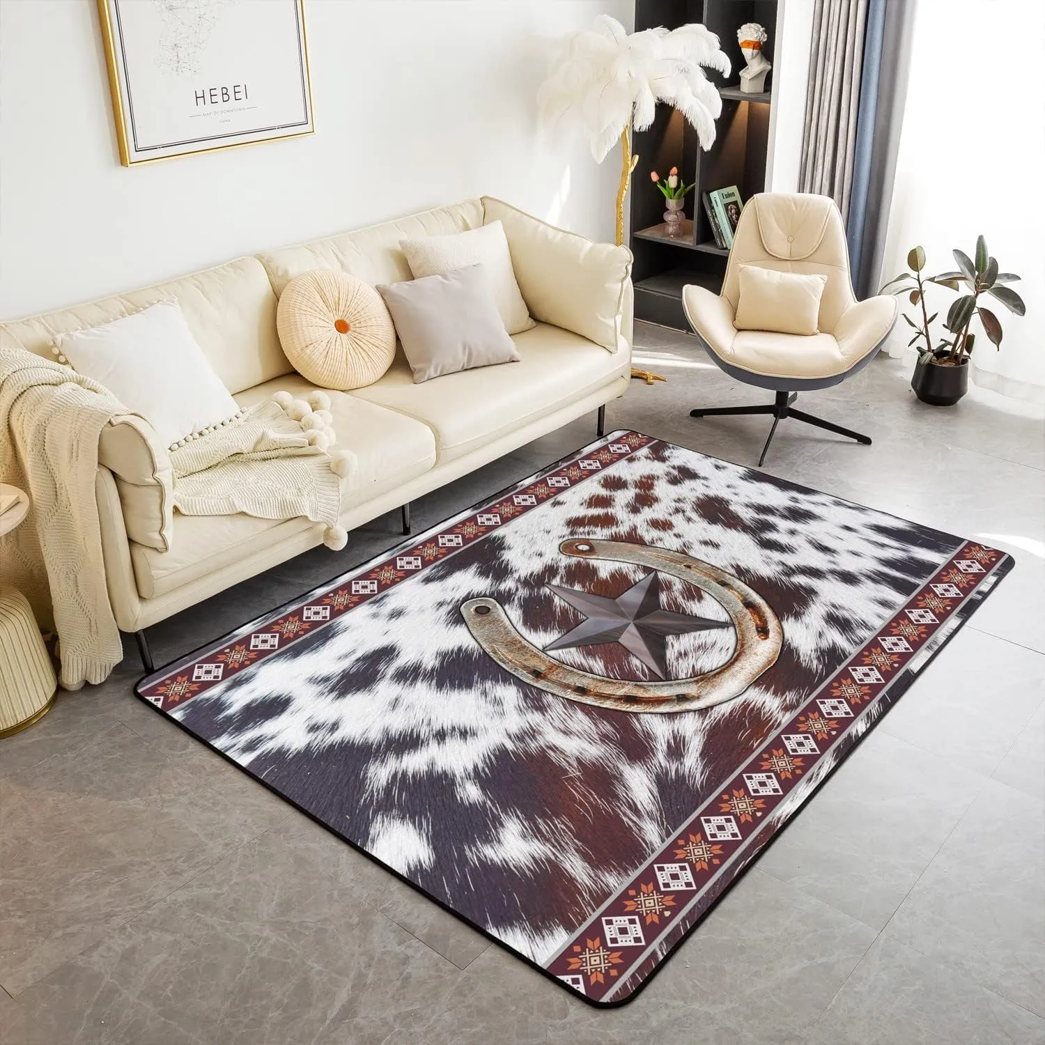 Erosebridal Texas Star Horseshoe Area Rug 3x5 Southwestern Boho Aztec Rug for Bedside Western Cowhide Indoor Floor Mat for Boys Girls Men Rustic Farmhouse Cowboy Accent Rug Set Non Shedding