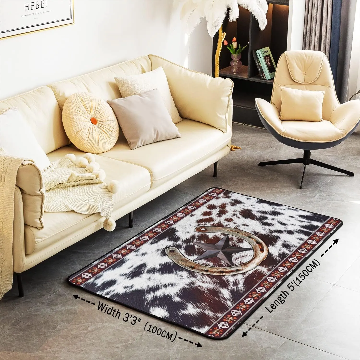 Erosebridal Texas Star Horseshoe Area Rug 3x5 Southwestern Boho Aztec Rug for Bedside Western Cowhide Indoor Floor Mat for Boys Girls Men Rustic Farmhouse Cowboy Accent Rug Set Non Shedding
