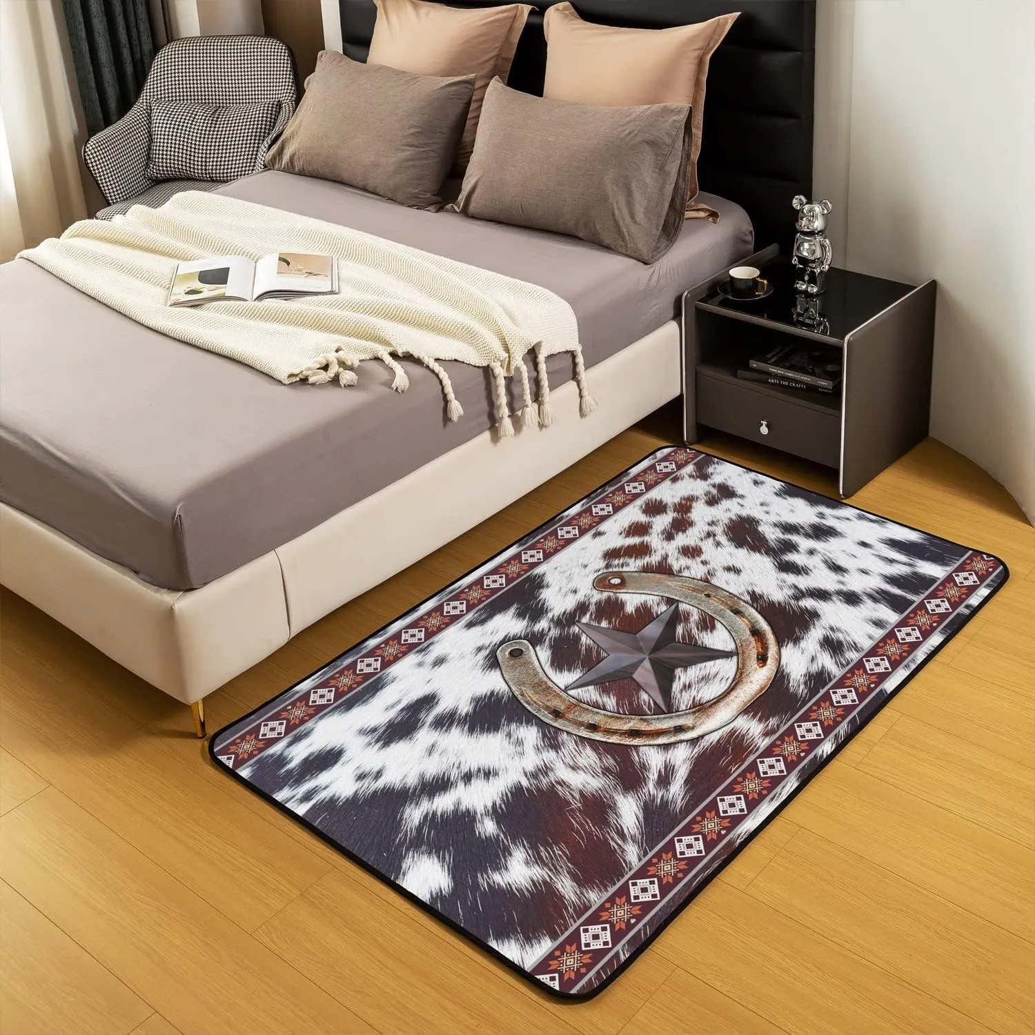 Erosebridal Texas Star Horseshoe Area Rug 3x5 Southwestern Boho Aztec Rug for Bedside Western Cowhide Indoor Floor Mat for Boys Girls Men Rustic Farmhouse Cowboy Accent Rug Set Non Shedding