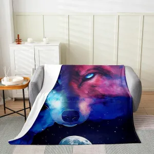 Erosebridal Wolf Galaxy Bed Blanket Throw 50X60,Starry Sky Soft Lightweight Flannel Blanket,Red Blue Fleece Blanket Home Room Decor,Wildlife Animal Theme Blanket for Boys Men Adults