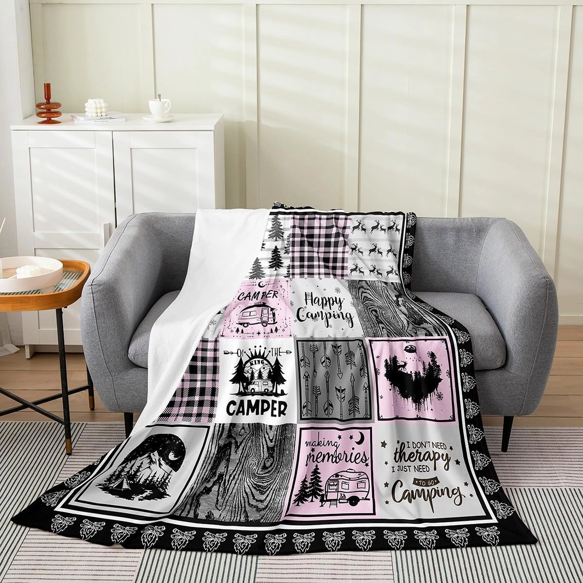 Erosebridal Girls Happy Camping Blanket Throw 50X60 Pink Buffalo Plaid Patchwork Throw Blanket for Travel Trailer Bunk Accessories Geometry Arrow Stripes Fleece Blanket Jungle Woodland Fuzzy Blanket