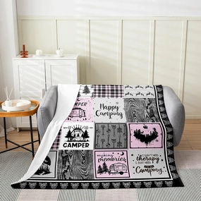 Erosebridal Girls Happy Camping Blanket Throw 50X60 Pink Buffalo Plaid Patchwork Throw Blanket for Travel Trailer Bunk Accessories Geometry Arrow Stripes Fleece Blanket Jungle Woodland Fuzzy Blanket