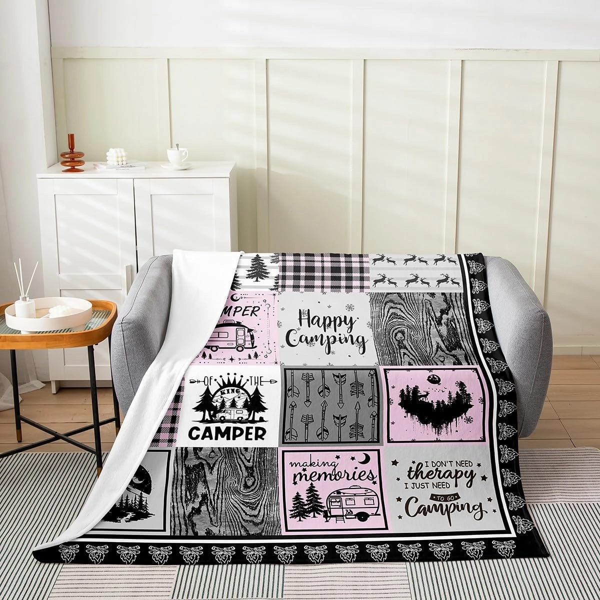 Erosebridal Girls Happy Camping Blanket Throw 50X60 Pink Buffalo Plaid Patchwork Throw Blanket for Travel Trailer Bunk Accessories Geometry Arrow Stripes Fleece Blanket Jungle Woodland Fuzzy Blanket