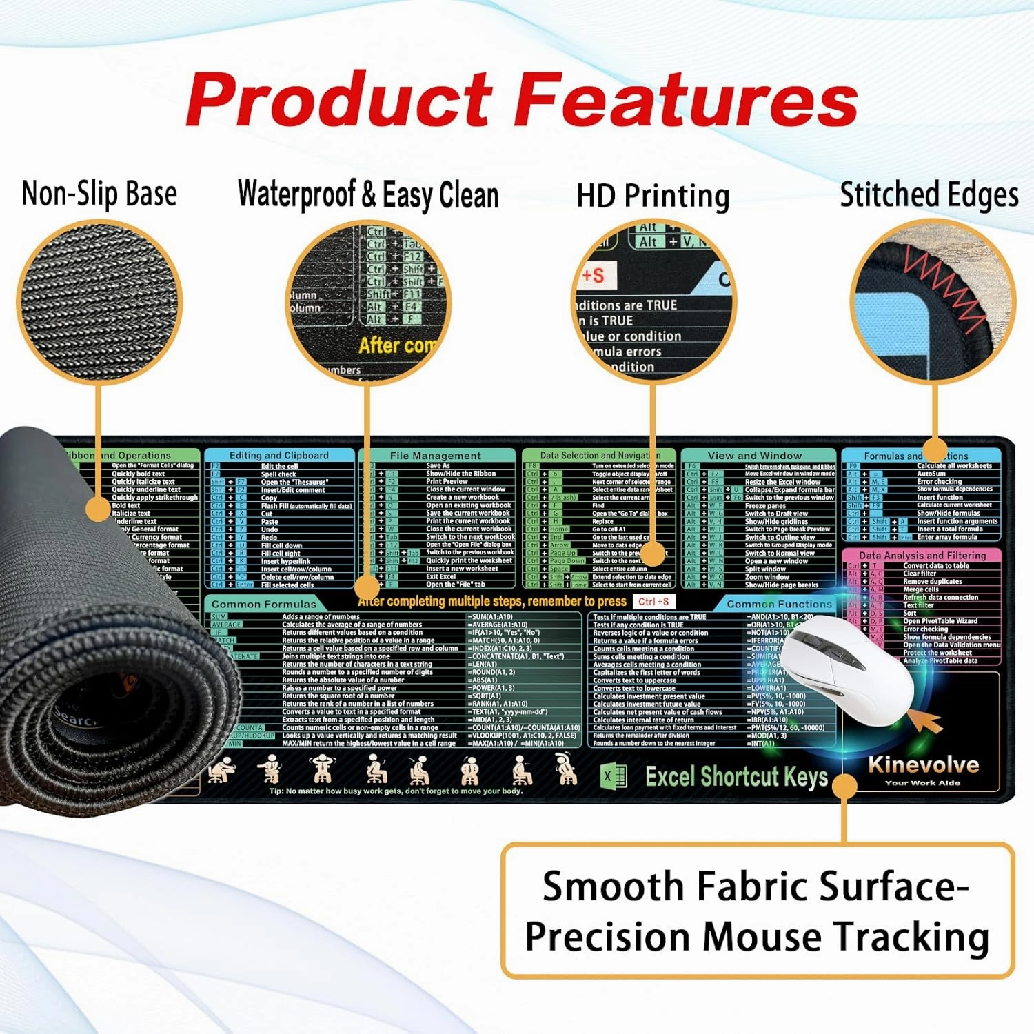 Excel Shortcut Kyes Mouse Pad,Large XL Excel Cheat Sheet Desk Pad,Pc Office&Gaming Keyboard Mat, Non-Slip Spreadsheet Shortcuts Mousepad 31.5" x 11.8"