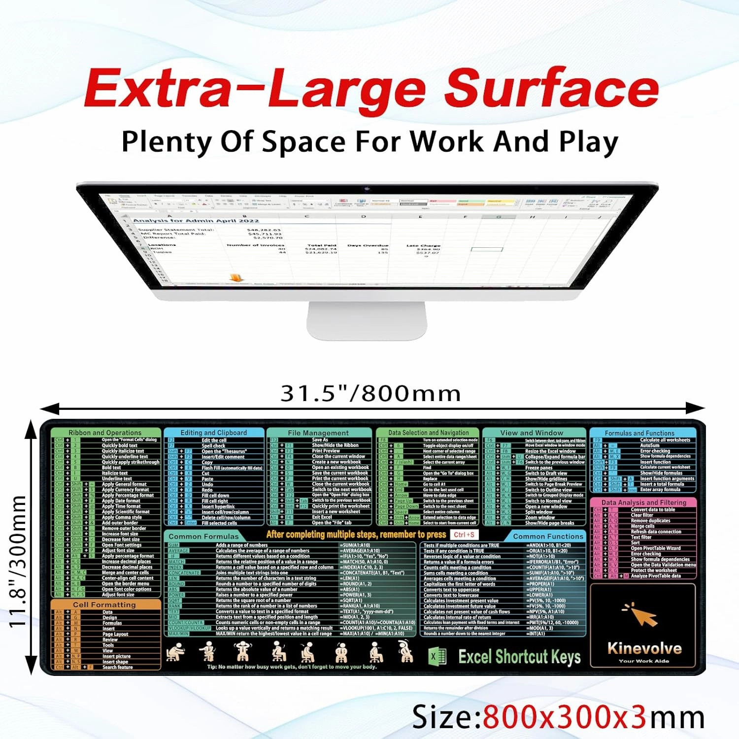 Excel Shortcut Kyes Mouse Pad,Large XL Excel Cheat Sheet Desk Pad,Pc Office&Gaming Keyboard Mat, Non-Slip Spreadsheet Shortcuts Mousepad 31.5" x 11.8"