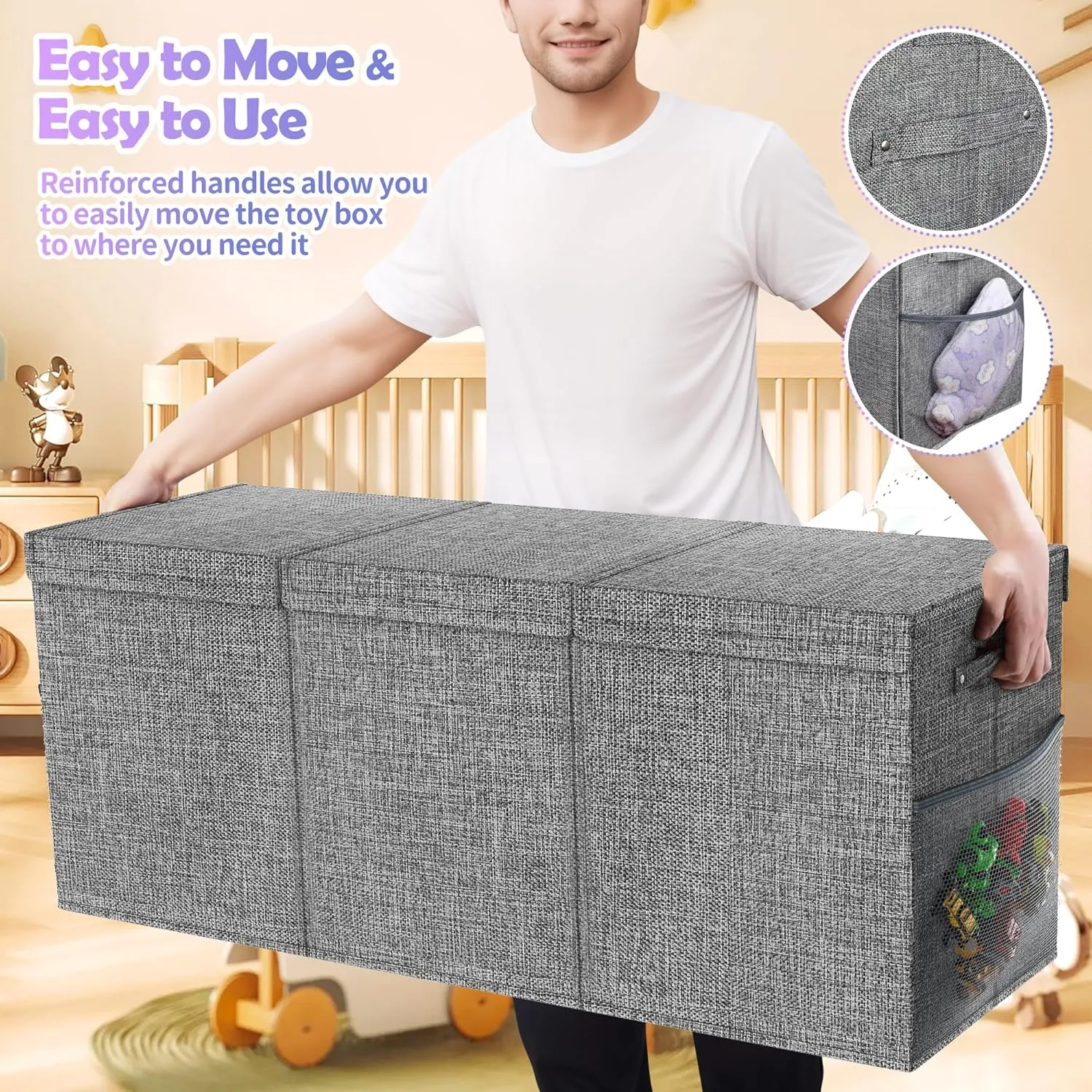 Extra Large Toy Box, Collapsible Sturdy Kids Toy Chest for Boys, Girls, 41"x14"x16" Storage Organizer Toddler Storage Bins with Lids, Toybox Basket for Living Room, Bedroom, Nursery, Gray