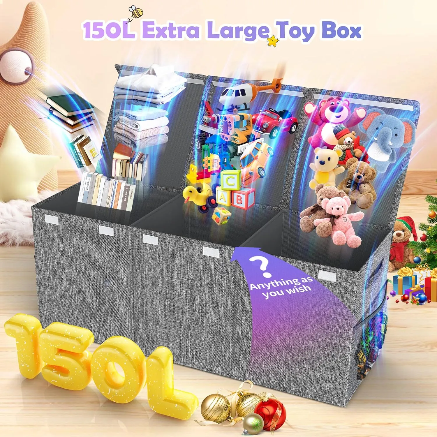 Extra Large Toy Box, Collapsible Sturdy Kids Toy Chest for Boys, Girls, 41"x14"x16" Storage Organizer Toddler Storage Bins with Lids, Toybox Basket for Living Room, Bedroom, Nursery, Gray