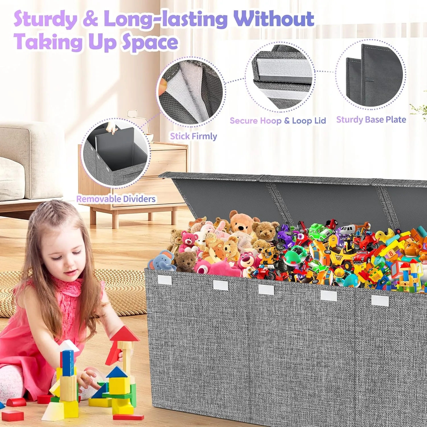 Extra Large Toy Box, Collapsible Sturdy Kids Toy Chest for Boys, Girls, 41"x14"x16" Storage Organizer Toddler Storage Bins with Lids, Toybox Basket for Living Room, Bedroom, Nursery, Gray