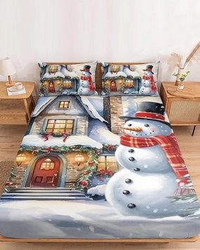 Farm Winter Snowman Full Fitted Bed Sheet Set - Deep Pocket Bedspread for Mattress with 2 Retro House Snowy World Decorative Pillow Sham, Xmas Tree 3 Piece Bedsheet Sets for Women/Man Bedroom Decor