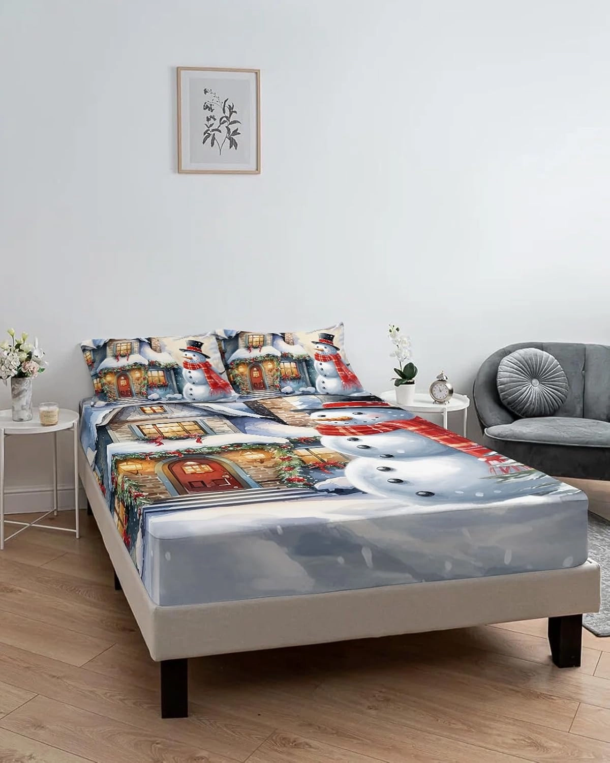 Farm Winter Snowman Full Fitted Bed Sheet Set - Deep Pocket Bedspread for Mattress with 2 Retro House Snowy World Decorative Pillow Sham, Xmas Tree 3 Piece Bedsheet Sets for Women/Man Bedroom Decor