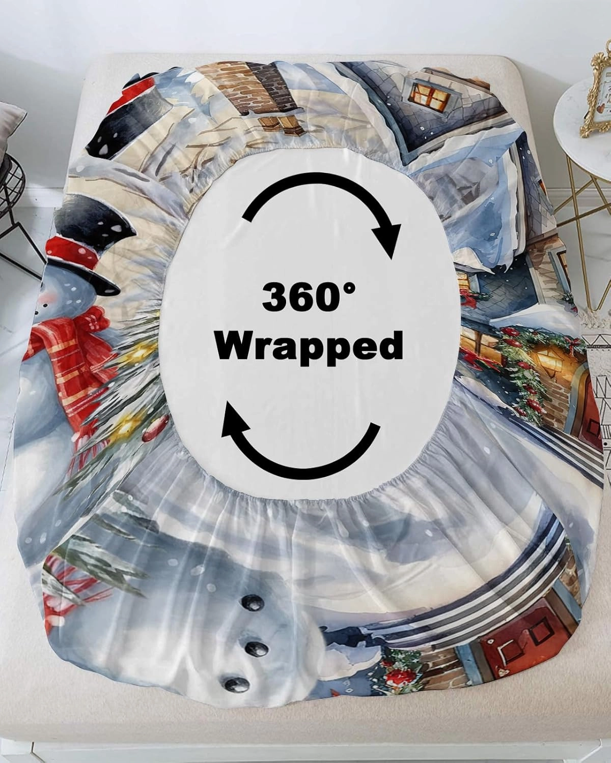 Farm Winter Snowman Full Fitted Bed Sheet Set - Deep Pocket Bedspread for Mattress with 2 Retro House Snowy World Decorative Pillow Sham, Xmas Tree 3 Piece Bedsheet Sets for Women/Man Bedroom Decor