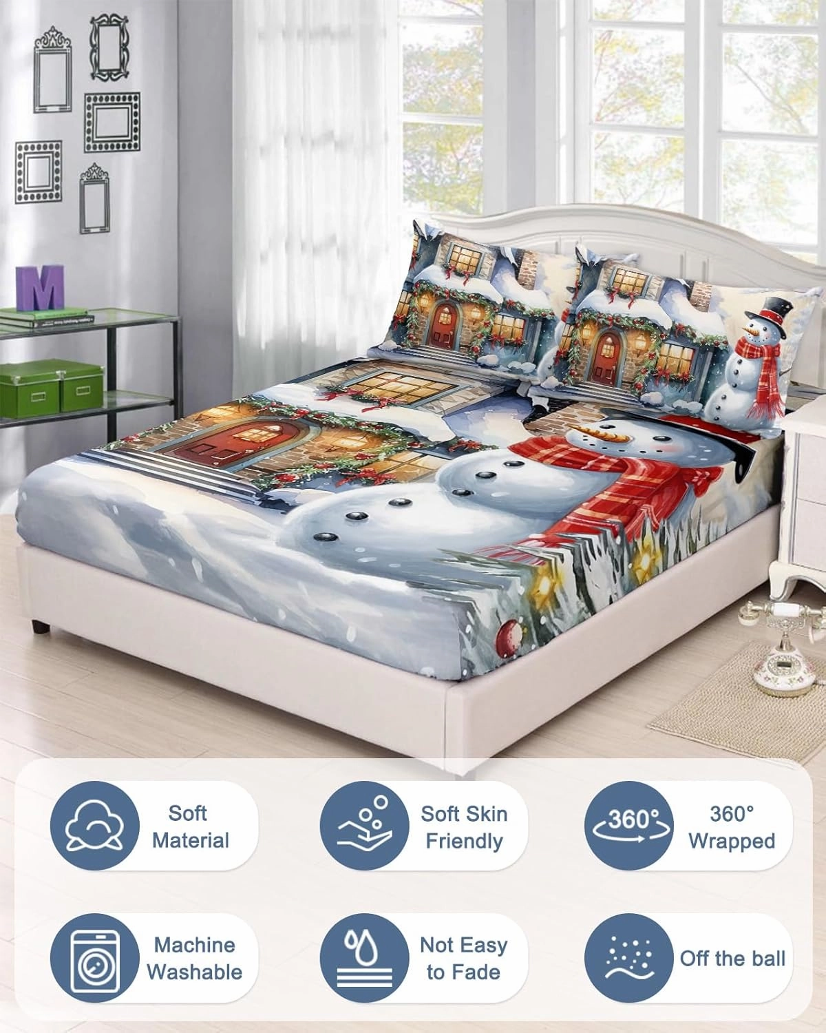 Farm Winter Snowman Full Fitted Bed Sheet Set - Deep Pocket Bedspread for Mattress with 2 Retro House Snowy World Decorative Pillow Sham, Xmas Tree 3 Piece Bedsheet Sets for Women/Man Bedroom Decor
