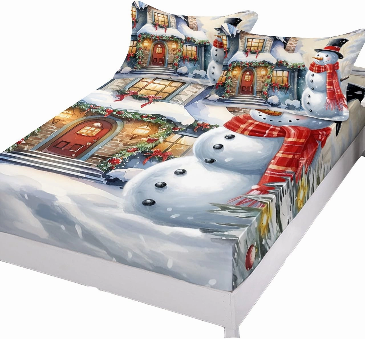 Farm Winter Snowman Full Fitted Bed Sheet Set - Deep Pocket Bedspread for Mattress with 2 Retro House Snowy World Decorative Pillow Sham, Xmas Tree 3 Piece Bedsheet Sets for Women/Man Bedroom Decor