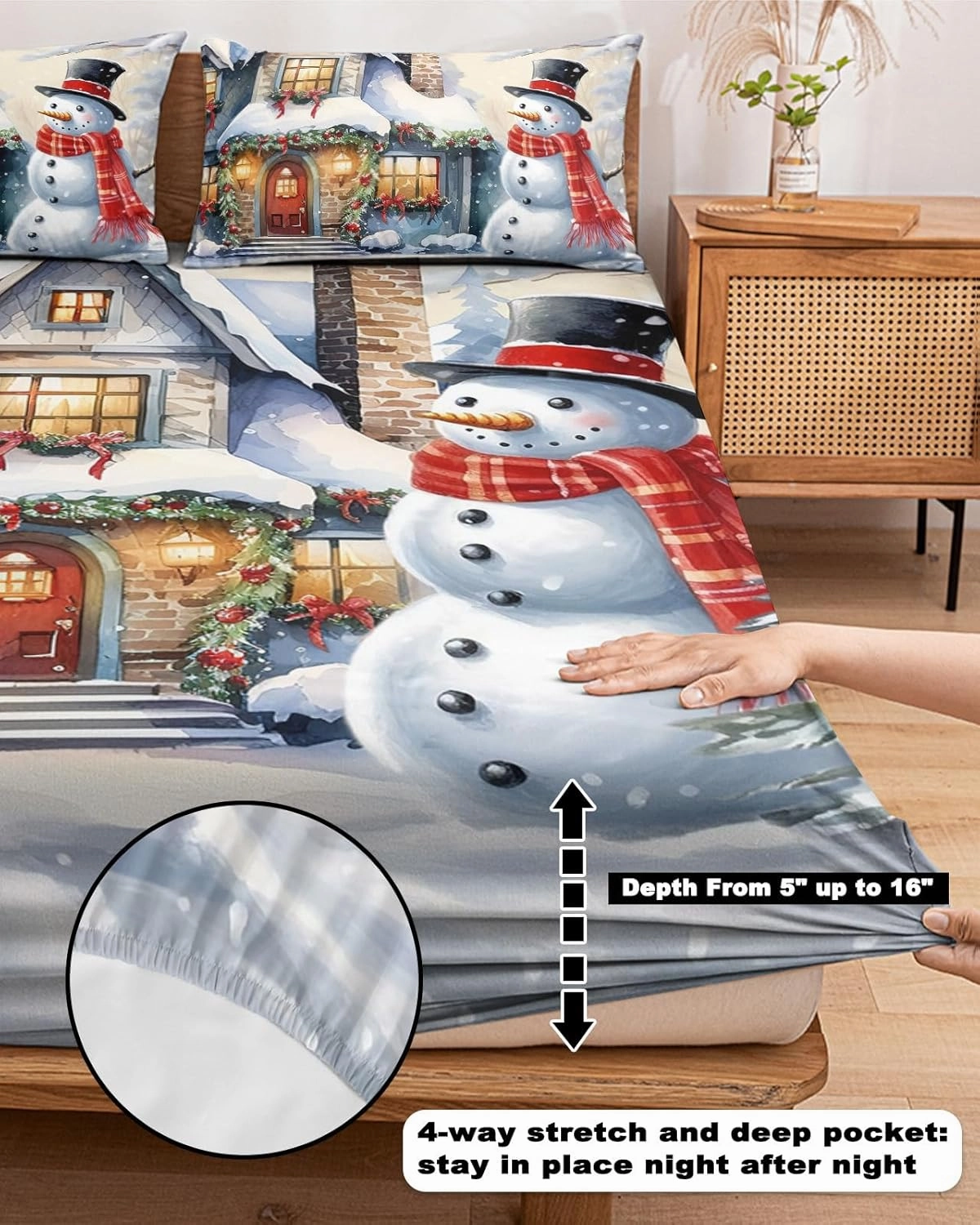 Farm Winter Snowman Full Fitted Bed Sheet Set - Deep Pocket Bedspread for Mattress with 2 Retro House Snowy World Decorative Pillow Sham, Xmas Tree 3 Piece Bedsheet Sets for Women/Man Bedroom Decor