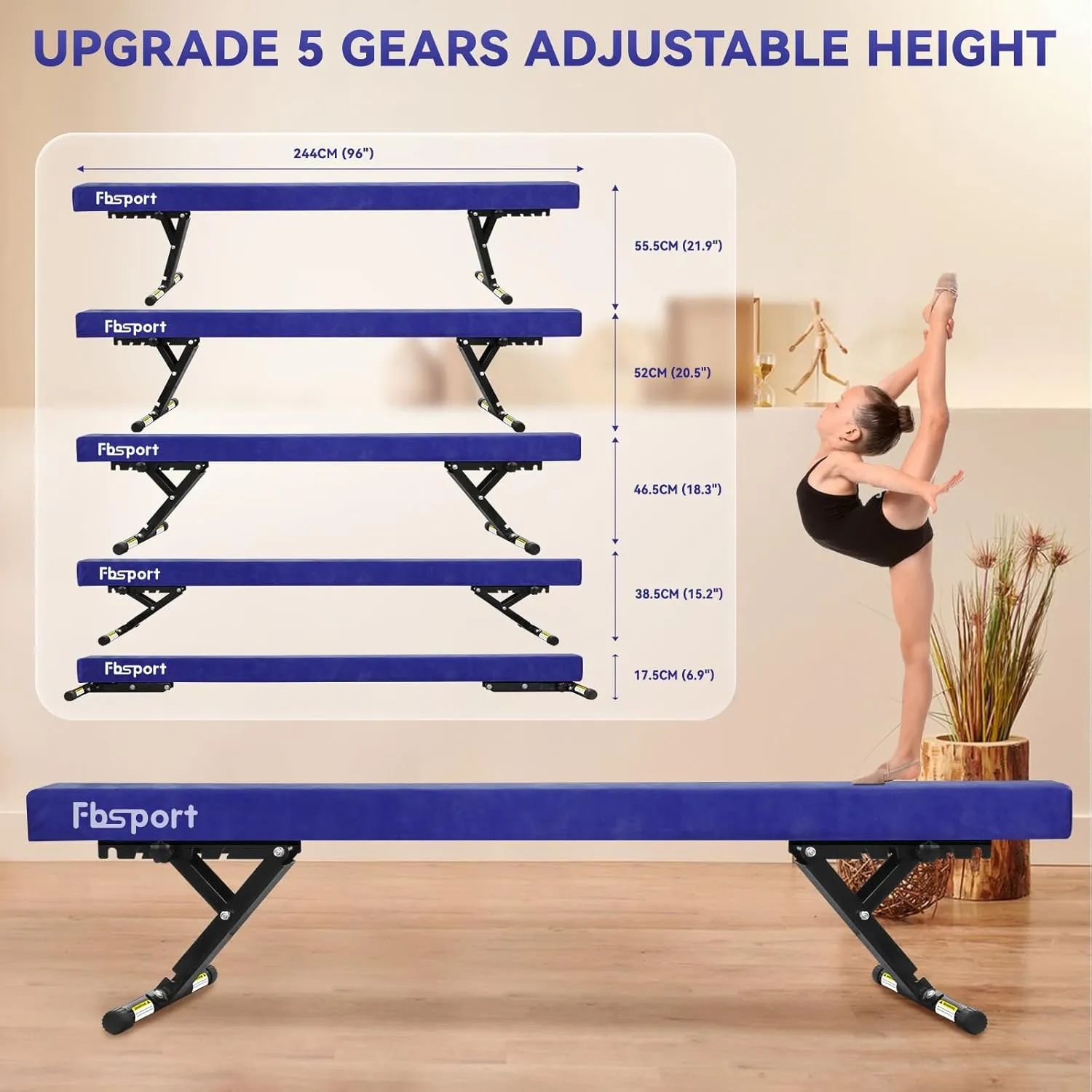 FBSPORT 8ft Adjustable Balance Beam: High and Low Floor Beam Gymnastics Equipment for Kids/Adults,Gymnastics Beam for Training,Practice, Physical Therapy and Professional Home Training with Legs