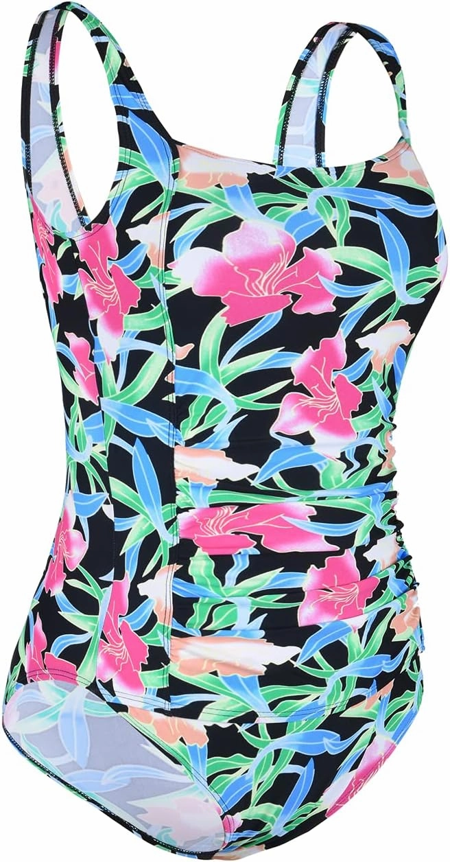 Firpearl Women's Black One Piece Bathing Suit Ruched Tummy Control Swimsuit