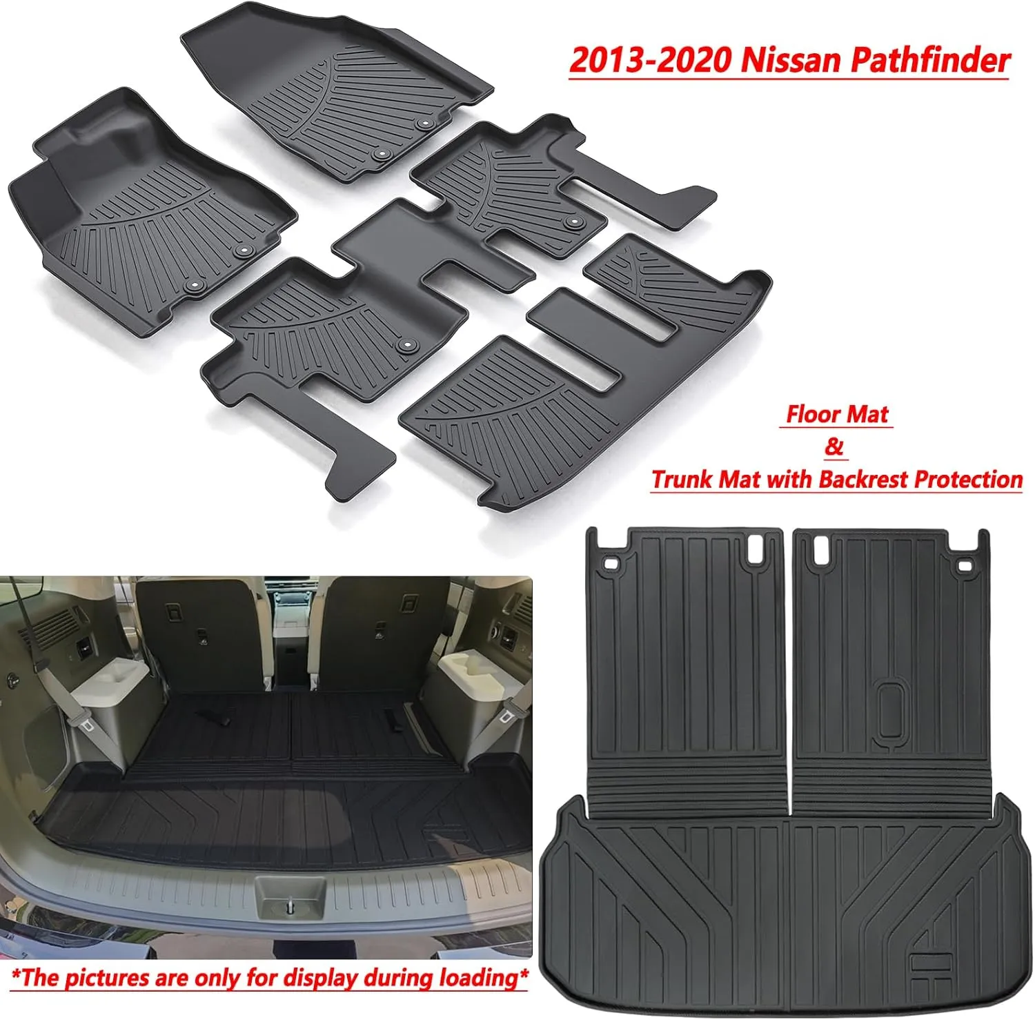 Floor Liners & Large Cargo Liners for 2013-2020 Nissan Pathfinder / 2013 Infiniti JX35 /2014-2020 Infiniti QX60,TPE All Weather Protection with Trunk Mat Covering The Backrest