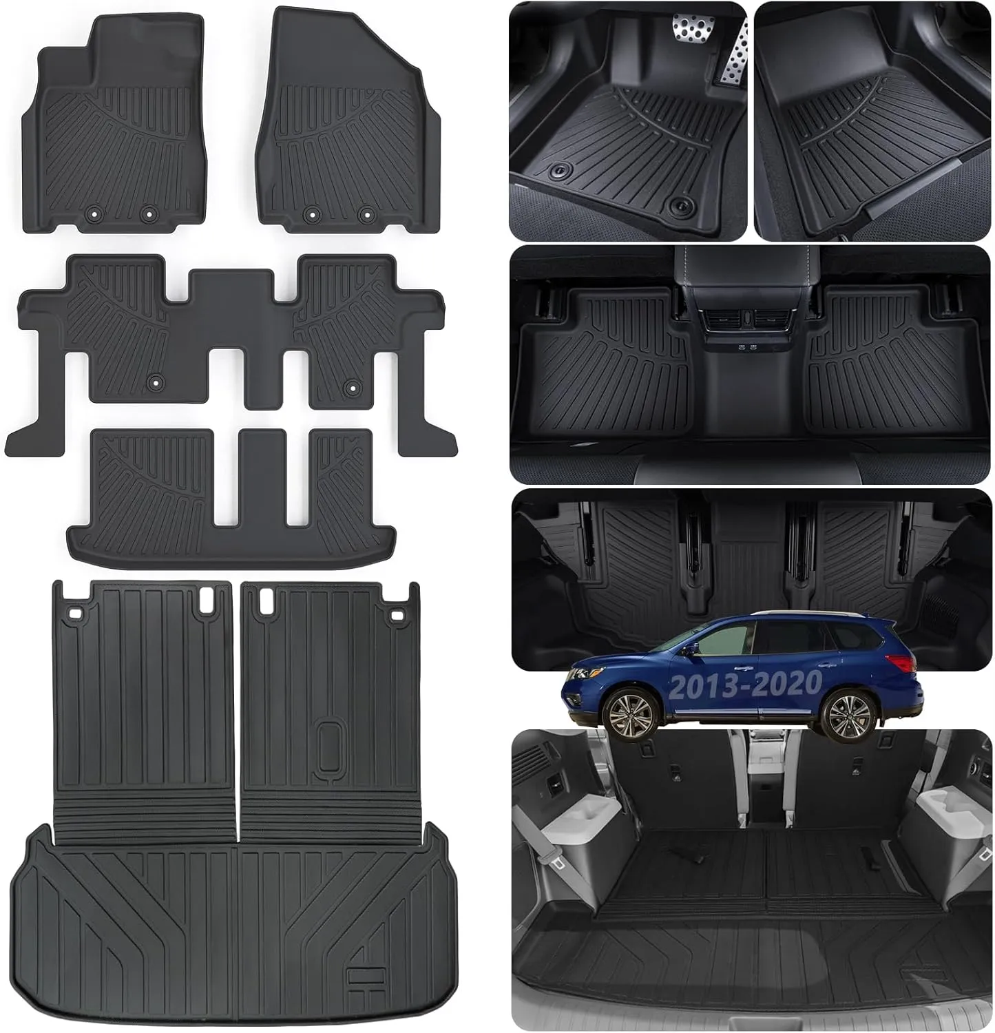 Floor Liners & Large Cargo Liners for 2013-2020 Nissan Pathfinder / 2013 Infiniti JX35 /2014-2020 Infiniti QX60,TPE All Weather Protection with Trunk Mat Covering The Backrest