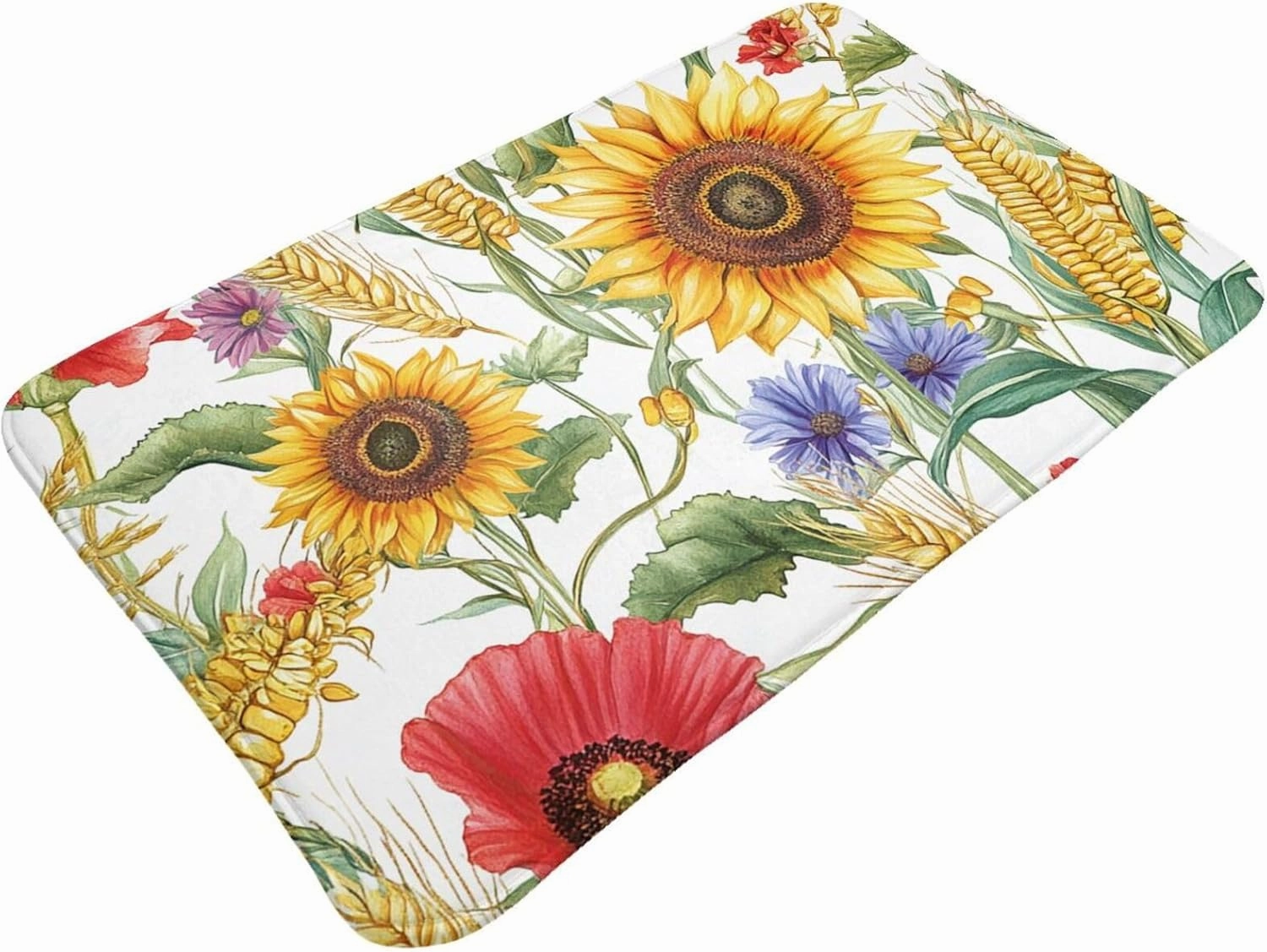 Flower Sunflower Popies Flannel Washable Floor Mat, Non-Slip Door Mat for Indoor/Outdoor, Thick Kitchen Rug 20x31.5in with Polyester