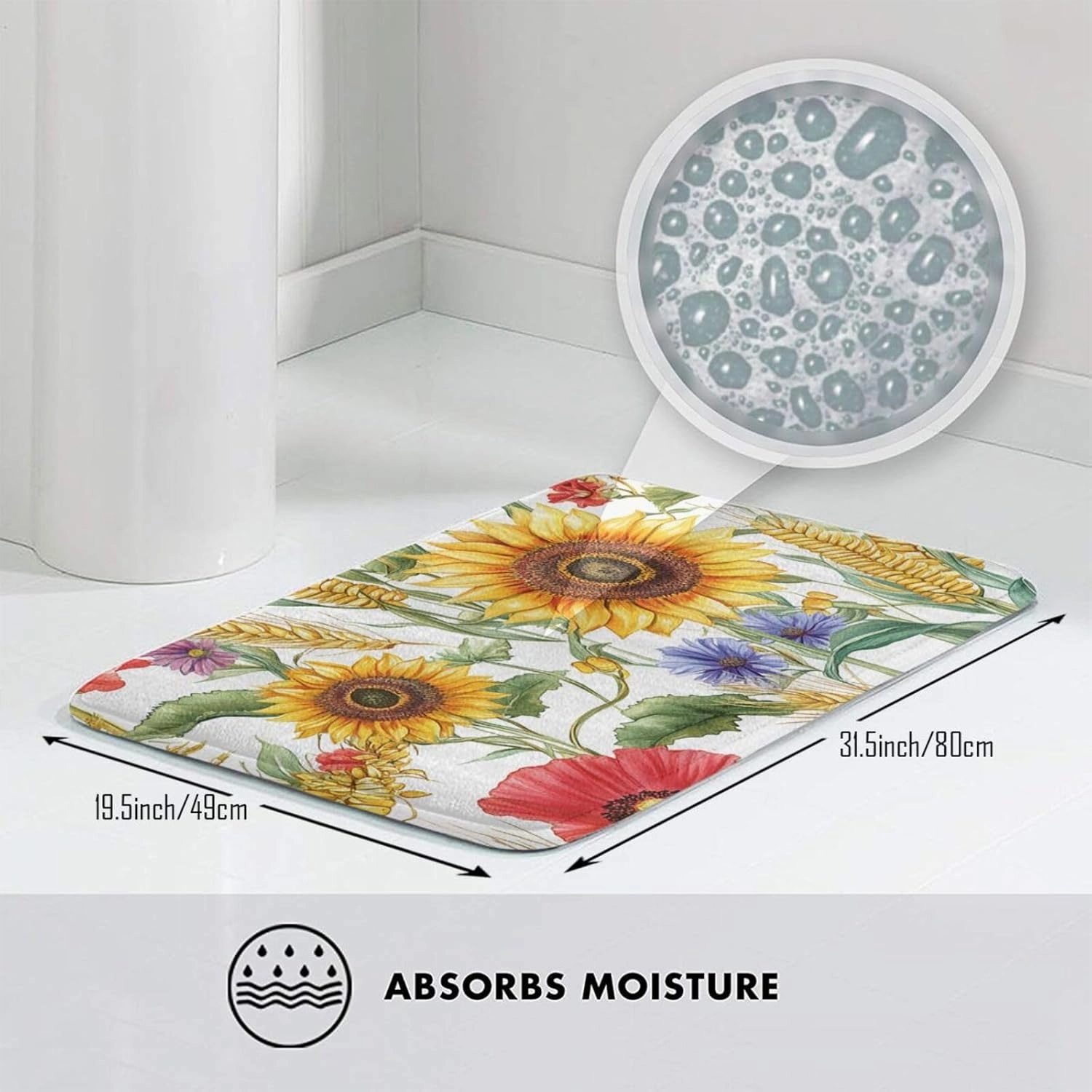 Flower Sunflower Popies Flannel Washable Floor Mat, Non-Slip Door Mat for Indoor/Outdoor, Thick Kitchen Rug 20x31.5in with Polyester