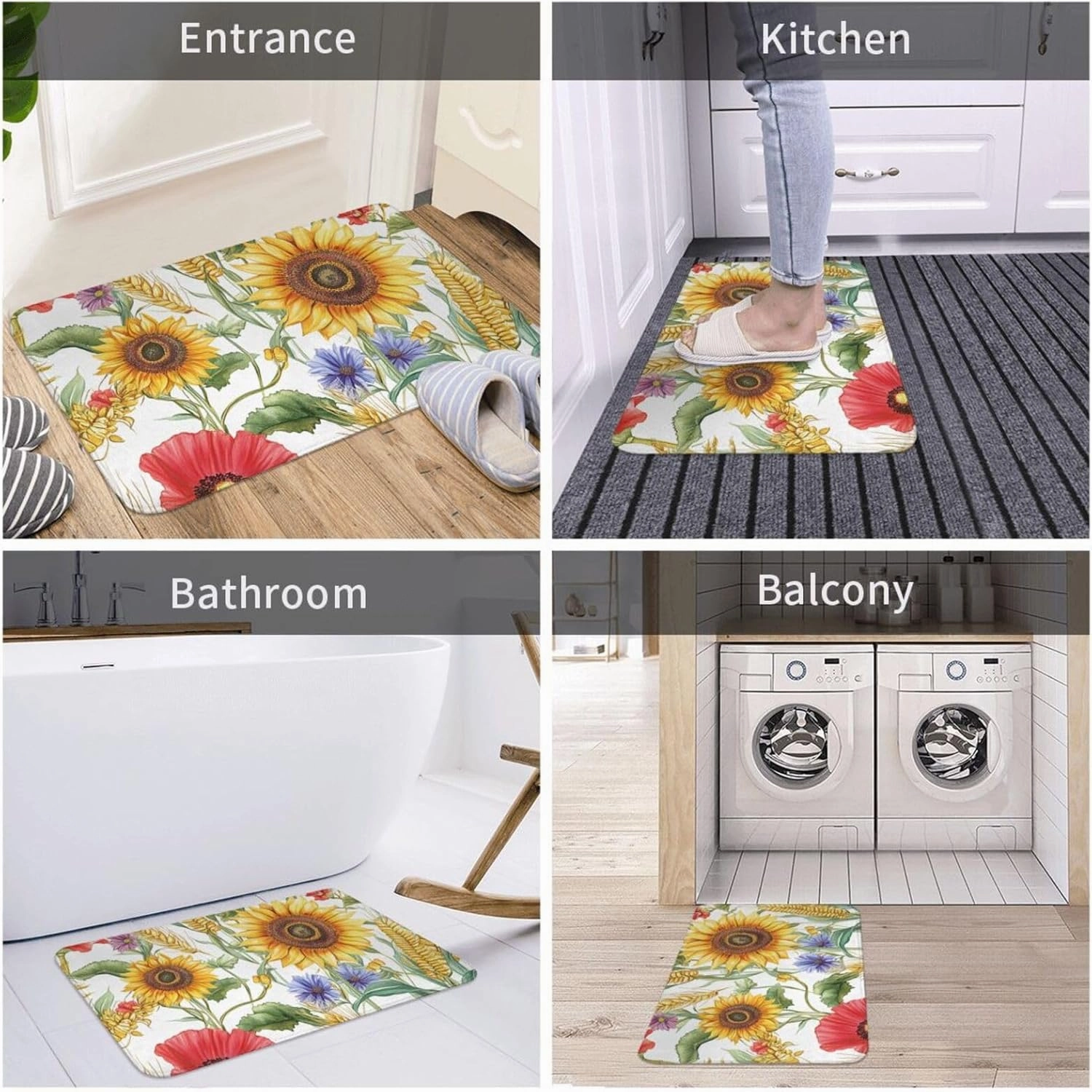 Flower Sunflower Popies Flannel Washable Floor Mat, Non-Slip Door Mat for Indoor/Outdoor, Thick Kitchen Rug 20x31.5in with Polyester