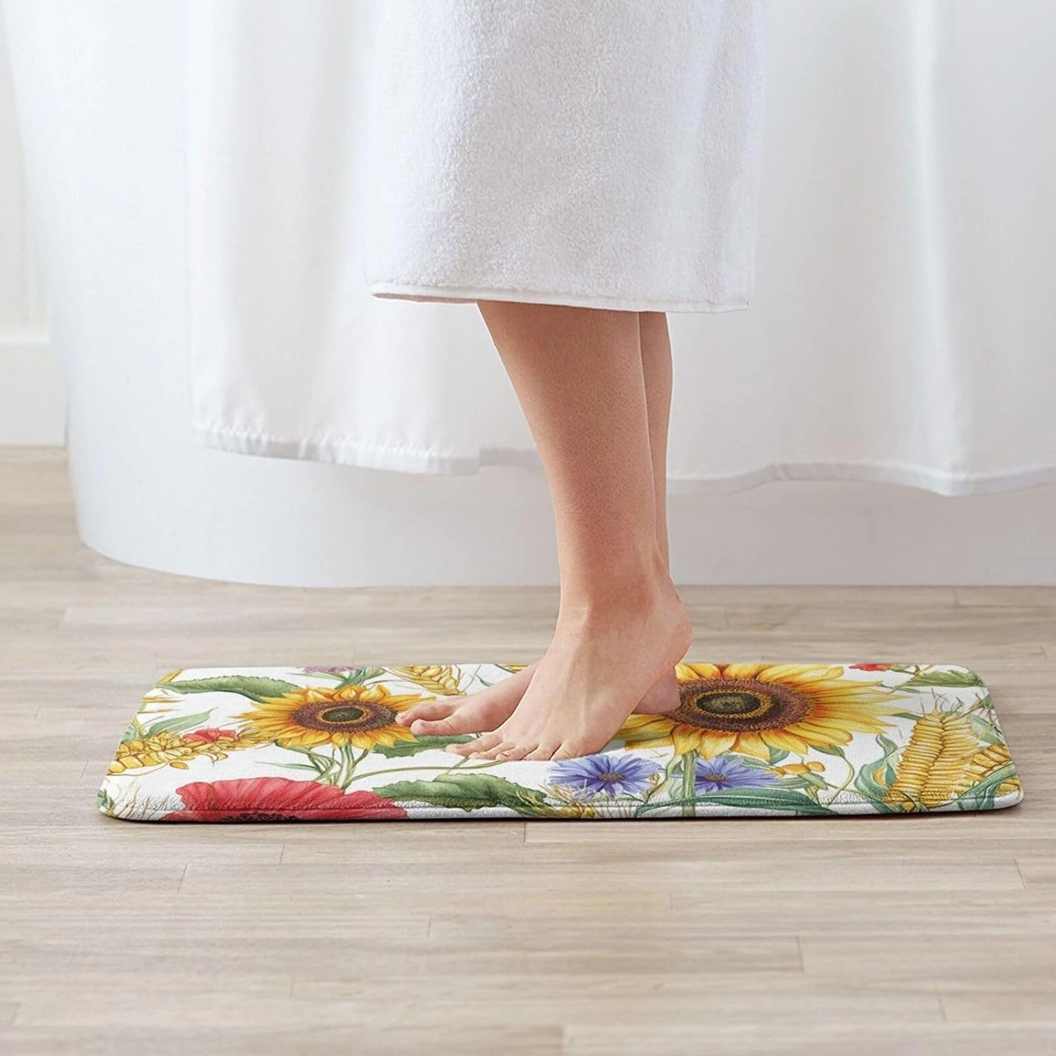 Flower Sunflower Popies Flannel Washable Floor Mat, Non-Slip Door Mat for Indoor/Outdoor, Thick Kitchen Rug 20x31.5in with Polyester