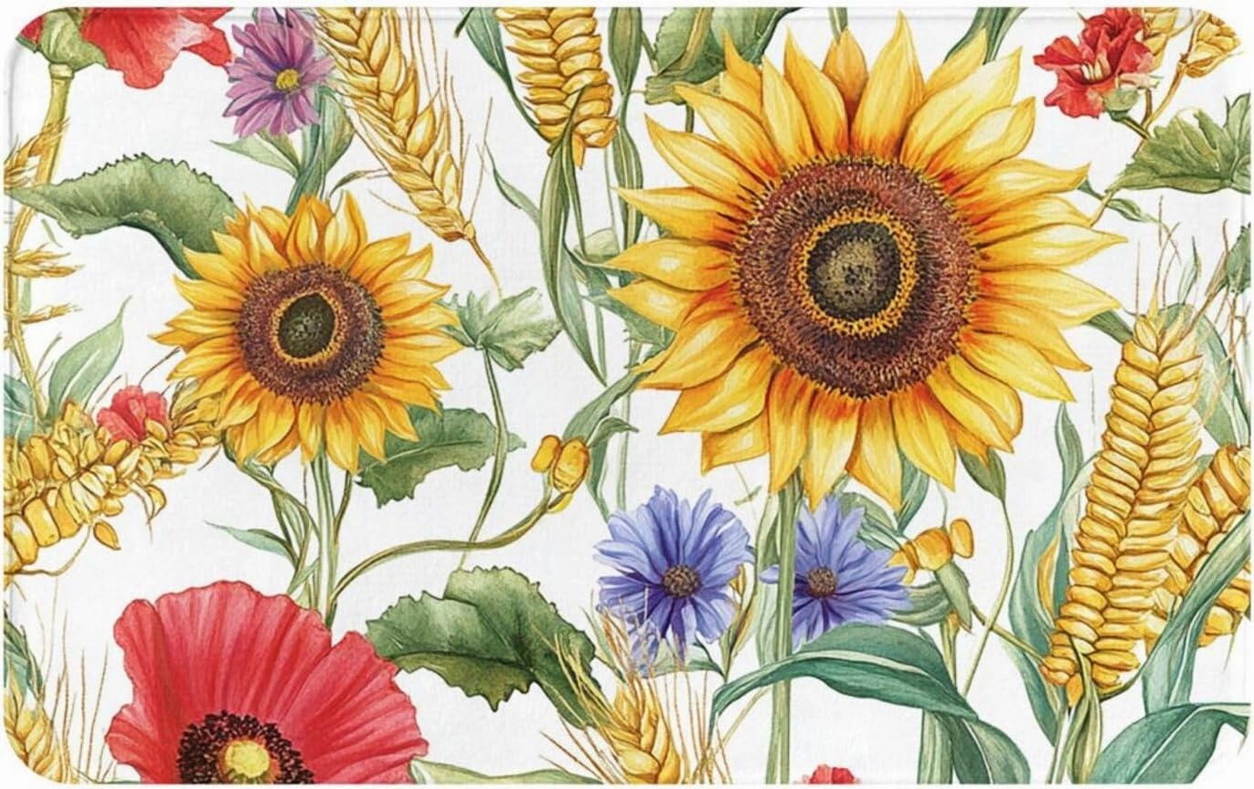 Flower Sunflower Popies Flannel Washable Floor Mat, Non-Slip Door Mat for Indoor/Outdoor, Thick Kitchen Rug 20x31.5in with Polyester