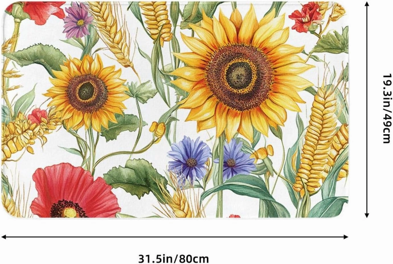 Flower Sunflower Popies Flannel Washable Floor Mat, Non-Slip Door Mat for Indoor/Outdoor, Thick Kitchen Rug 20x31.5in with Polyester