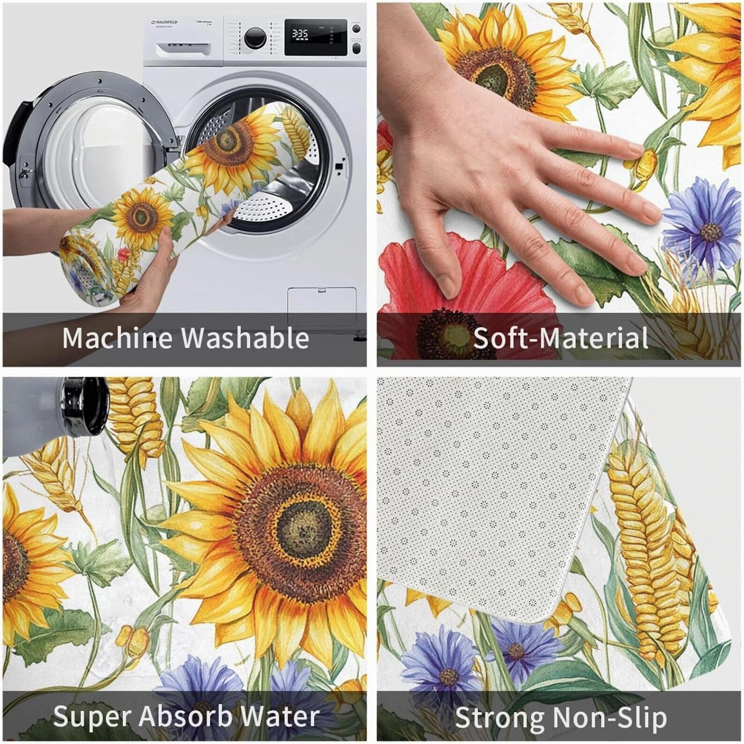 Flower Sunflower Popies Flannel Washable Floor Mat, Non-Slip Door Mat for Indoor/Outdoor, Thick Kitchen Rug 20x31.5in with Polyester