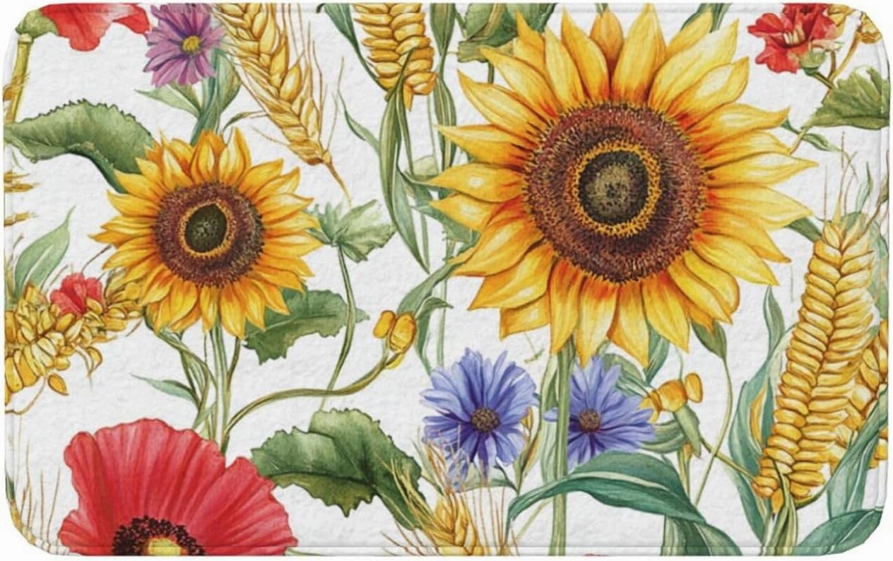 Flower Sunflower Popies Flannel Washable Floor Mat, Non-Slip Door Mat for Indoor/Outdoor, Thick Kitchen Rug 20x31.5in with Polyester